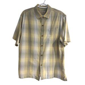 Tommy Bahama Men Button Down Shirt Green Gray Plaid Short Sleeve Size L Tencel